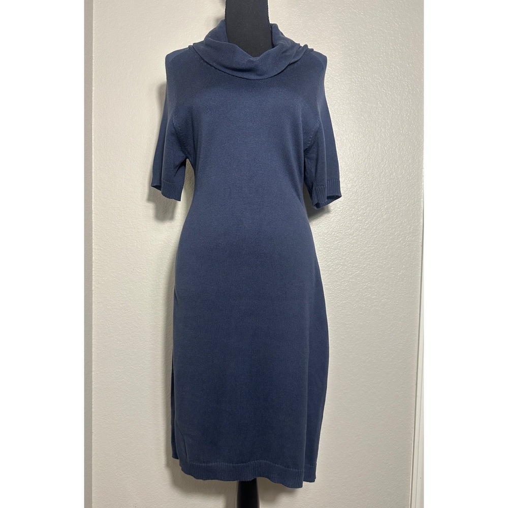 Peruvian Connection Sweater Dress Pima Cotton Small Navy Blue Cowl Neck Knit